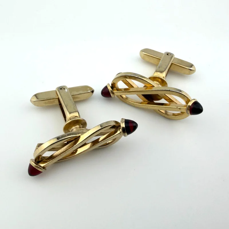 Vintage Golden Hickok Cufflinks USA Deco Style With Ruby Color Stones