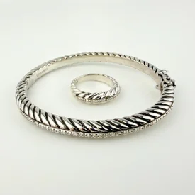 Vintage Coqui el Original Cable Cuff Bracelet & Ring Set 925 Steel & Diamonds