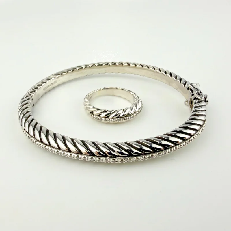 Vintage Coqui el Original Cable Cuff Bracelet & Ring Set 925 Steel & Diamonds