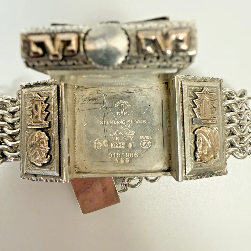Rare Swiss .935 Sterling Silver Hidden Secret Watch Bracelet Gold Plated Vintage