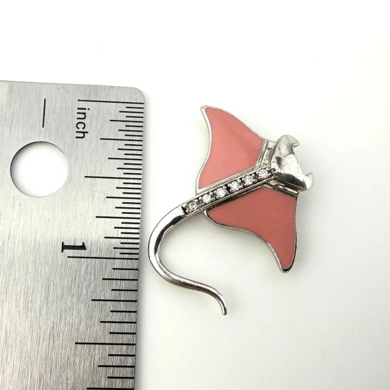 Vintage Shields Sterling Silver Pink Enamel Stingray / Manta Ray Pendant with CZ