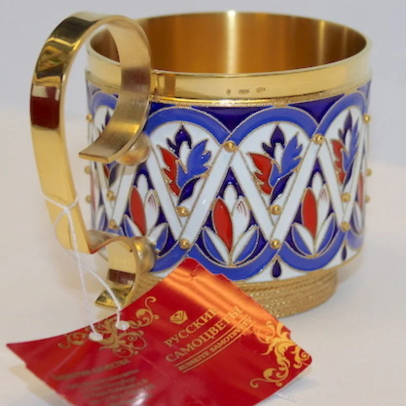 Russian silver 925 & 24k Gold Plated, Tea Cup Holder Enamel Filligree