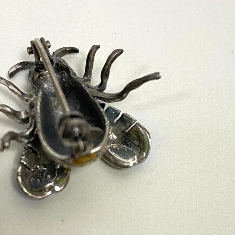 Vintage Sterling Silver & Enamel Bee Pin With Marcasite & Ruby Stone Eyes