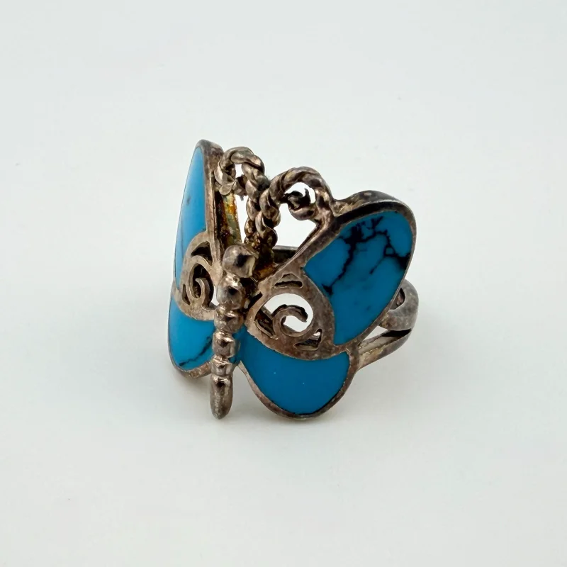 Vintage Southwestern Sterling Silver with Blue Enamel Butterfly Ring Size 7