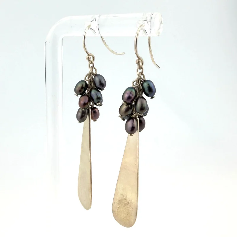 Boho Sterling Silver Dangle Earrings with Peacock-Colored Pearls Bead Clusters