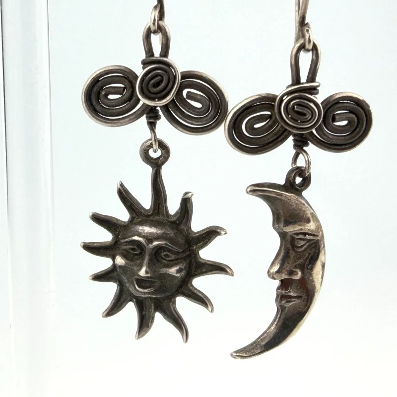 Handmade Sterling Silver Sun and Moon Face Earrings with Wire Spiral Details
