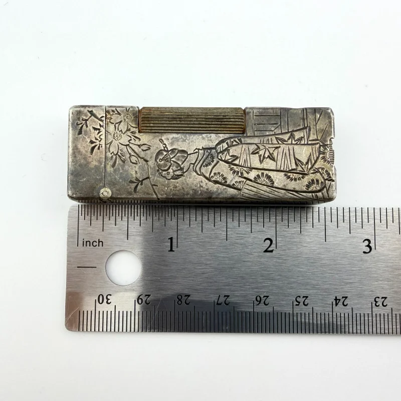 Vintage Sterling Silver Japanese Lighter Taiyo Geisha Kimono Engraved Flip-Top