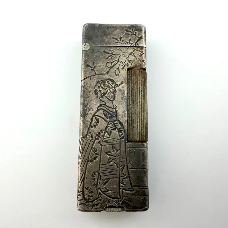 Vintage Sterling Silver Japanese Lighter Taiyo Geisha Kimono Engraved Flip-Top