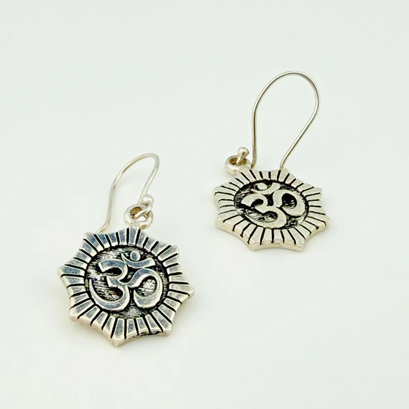 Vintage Sterling Silver Om Symbol Radiating Sunburst Earrings - French Wire Hook