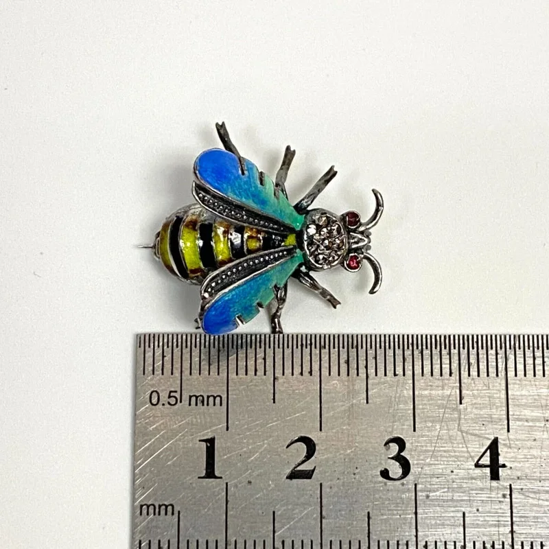 Vintage Sterling Silver & Enamel Bee Pin With Marcasite & Ruby Stone Eyes