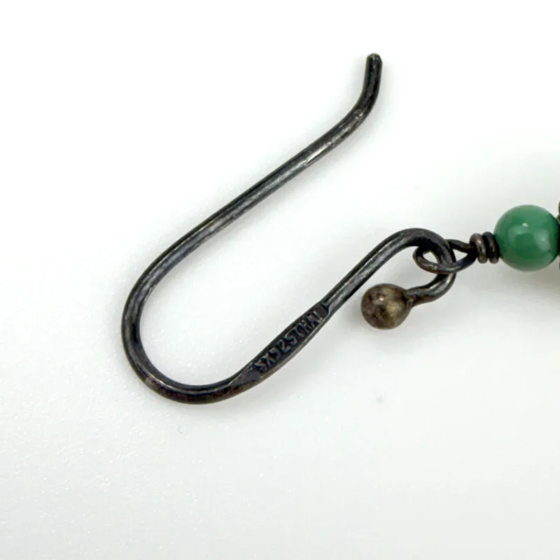 Vintage SX 925 THAI Pearls and Natural Green Round Beads Dangle Hook Earrings