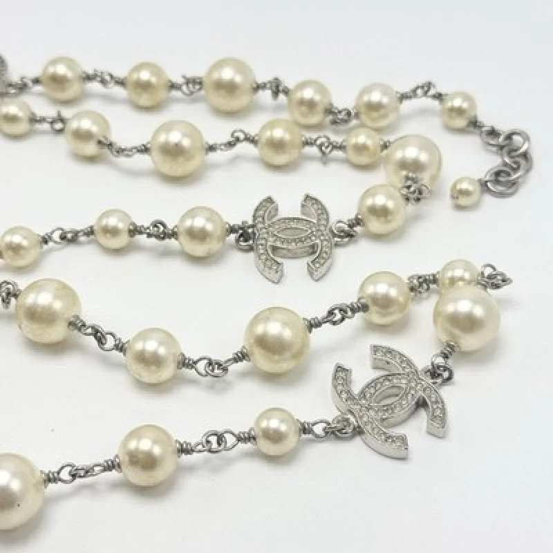 CHANEL A14V 5 CC Crystal Faux Pearl Long Necklace Silver Tone w/ Box