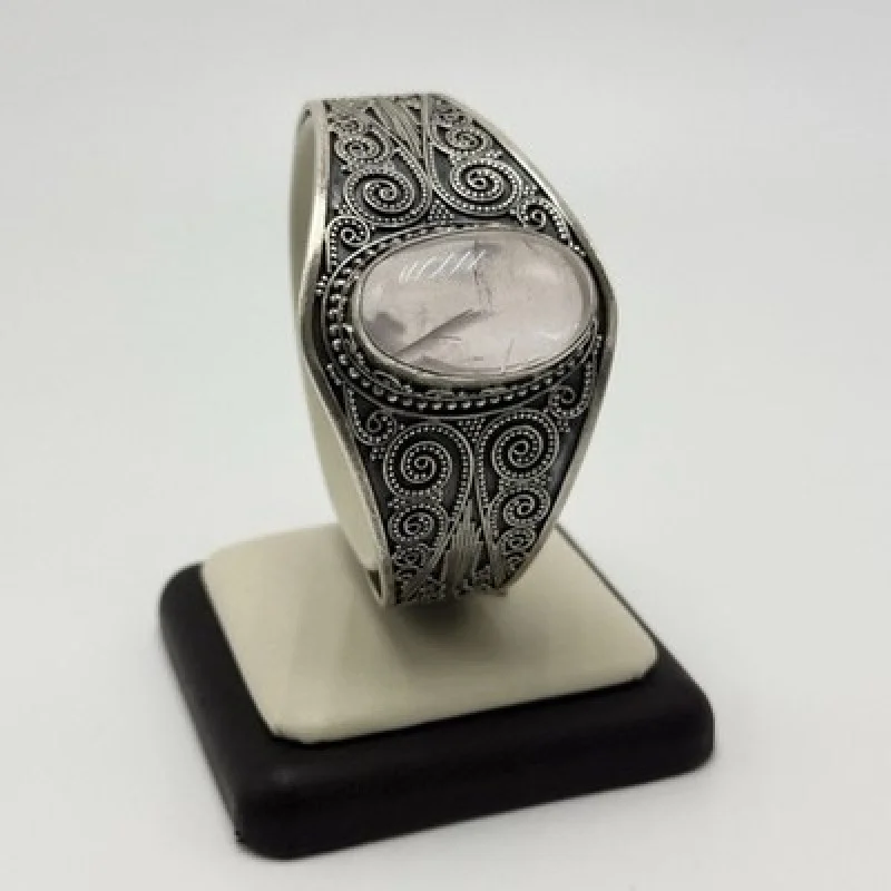 Vintage 925 Sterling Silver Filigree Cuff Bracelet Natural Pink Gemstone