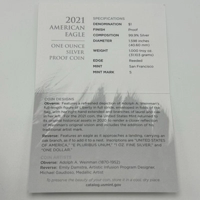 2021-W American Eagle 1 oz Silver Proof Coin Type 2 OGP Box COA US Mint