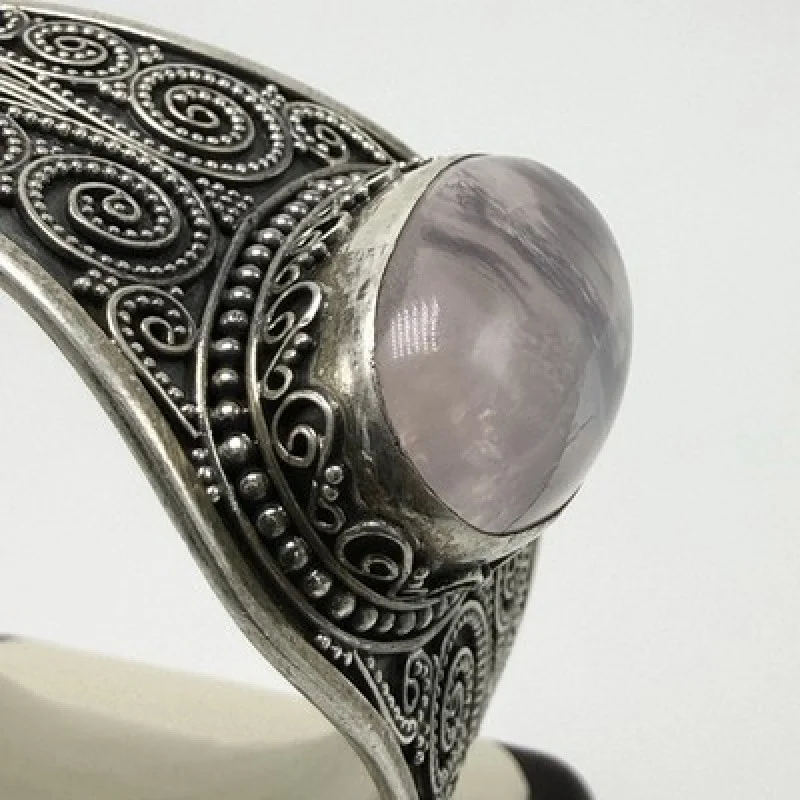 Vintage 925 Sterling Silver Filigree Cuff Bracelet Natural Pink Gemstone