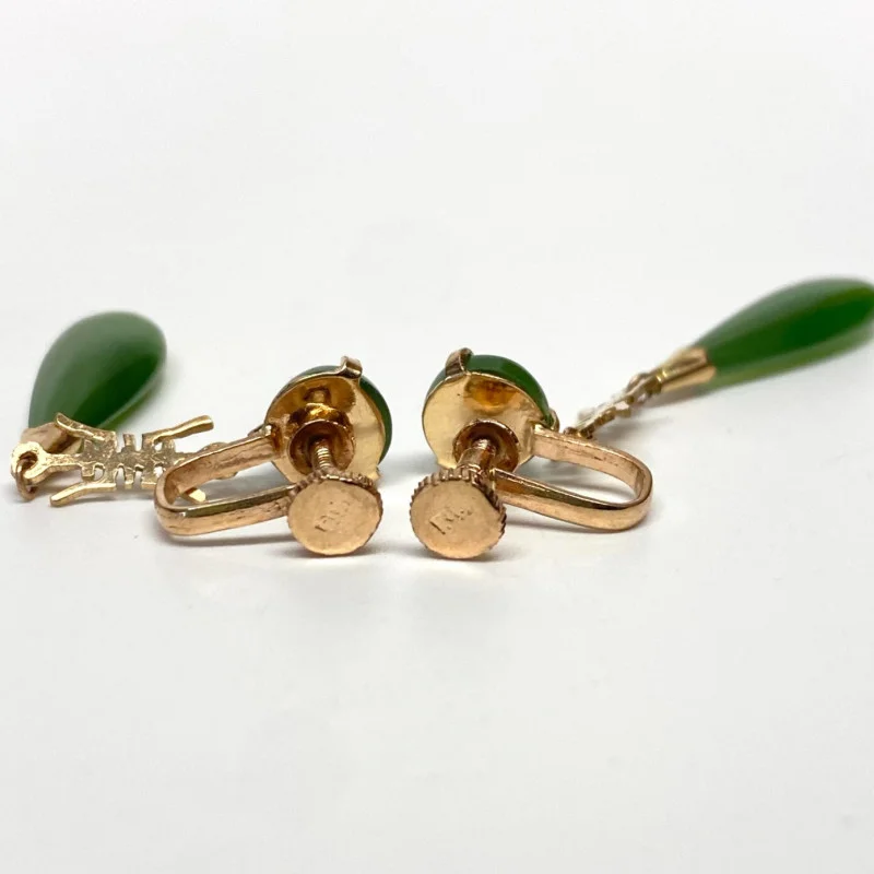 Vintage 10k Rose Gold Green Jade Dangle Earrings Chinese non-pierced