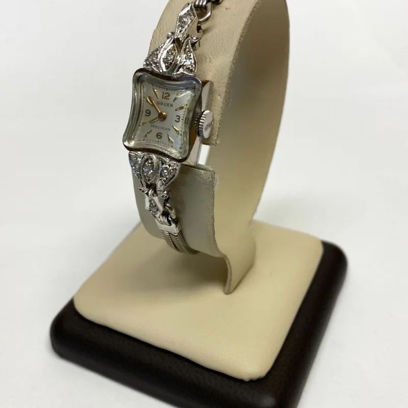 Vintage Ladies Gruen Precision 14K White Gold w Diamonds 17 Jewels