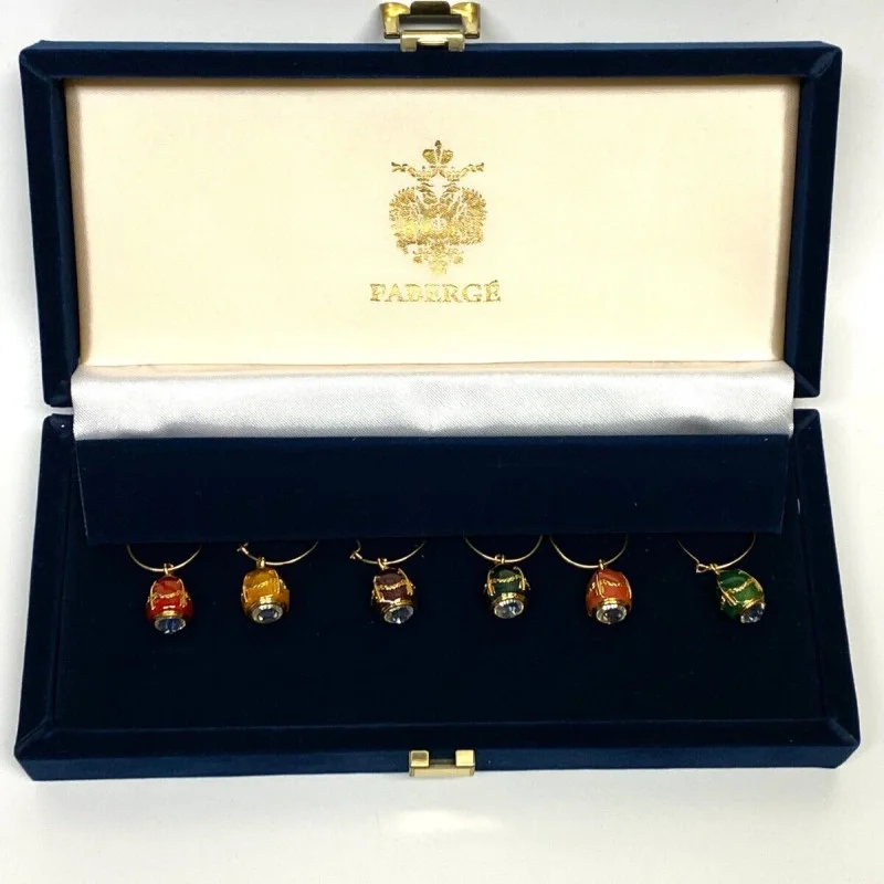 Faberge Egg Wine Glass Charms: Set of Six in Velvet Case - EXCELLENT CONDITION!