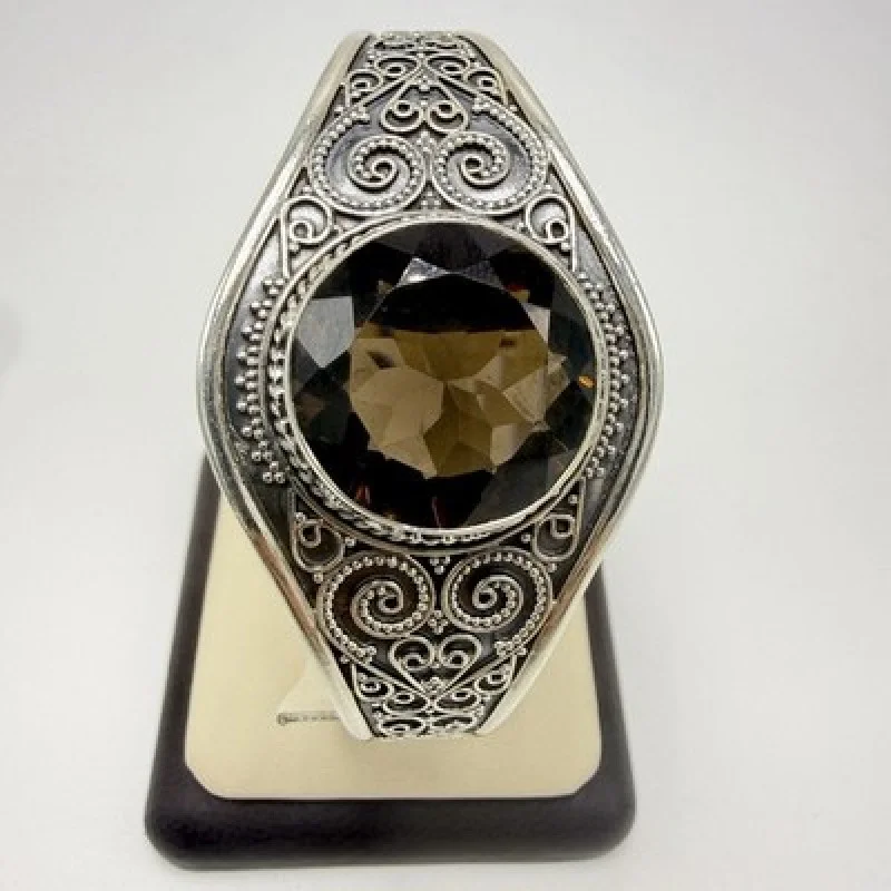 Vintage 925 Sterling Silver Filigree Cuff Bracelet Natural Brown Gemstone