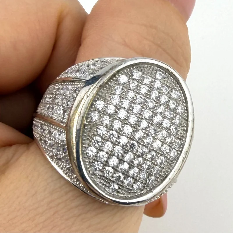 Hip Hop Ring Silver Finish With a Scattering of Cubic Zirconia Stones Size 10.25