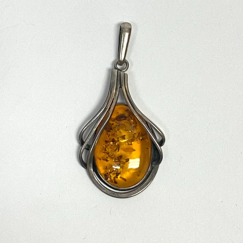 Silver Vintage Real Amber Modernist Pendant