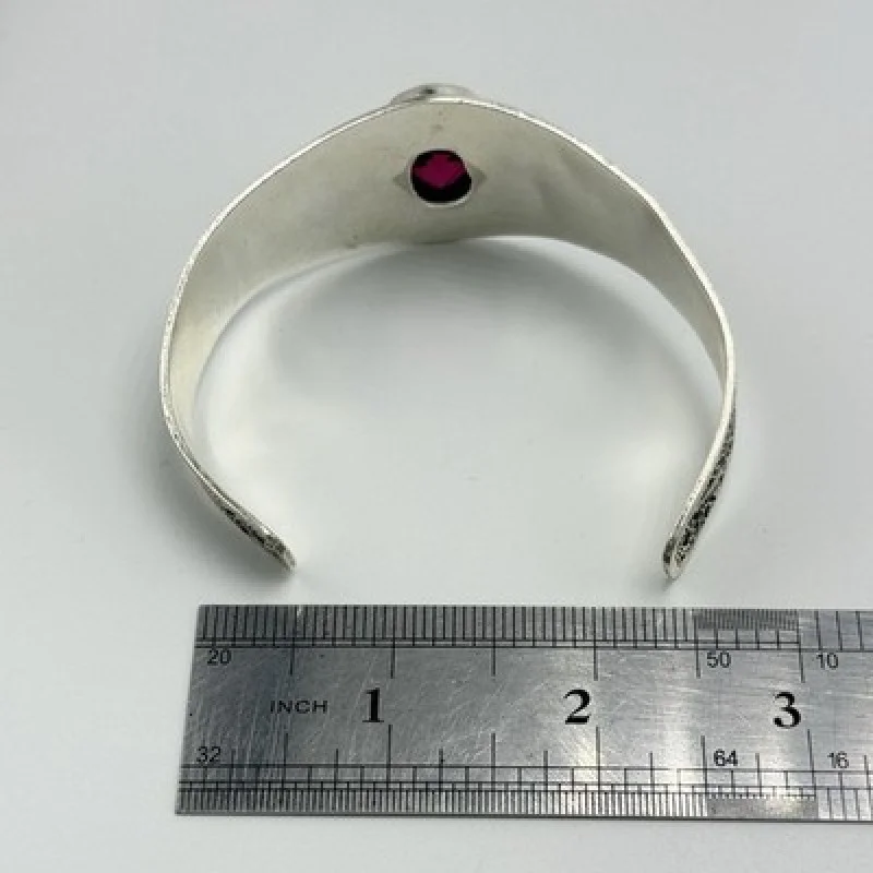 Vintage 925 Sterling Silver Red Faceted Gemstone Filigree Cuff Bracelet Handmade