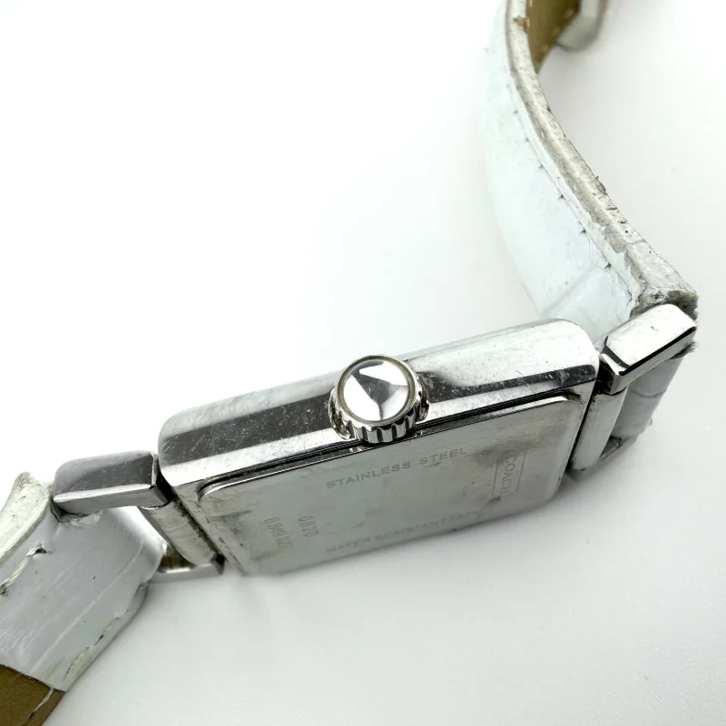 Coach Vintage Silver Tank Watch White Leather Strap - Rectangular Ladies Watch