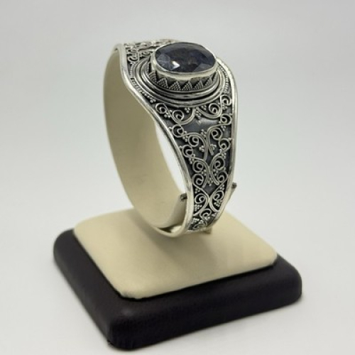 Handcrafted 925 Sterling Silver Vintage Filigree Cuff Natural Blue Gray Gemstone