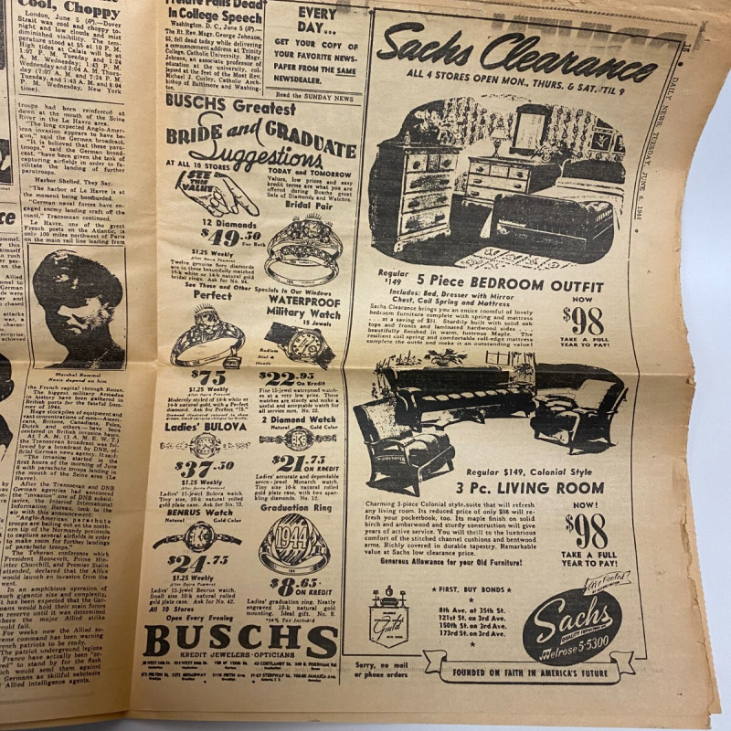 JUNE 6, 1944 D-DAY NEW YORK DAILY NEWS ICONIC NEWSPAPER RARE