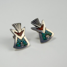 Navajo Sterling Silver Crushed Chip Inlay Turquoise & Coral Earrings