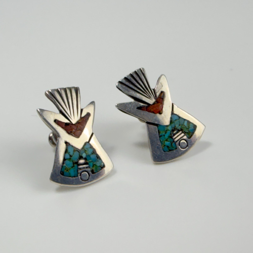Navajo Sterling Silver Crushed Chip Inlay Turquoise & Coral Earrings Navajo Sterling Silver Crushed Chip Inlay Turquoise & Coral Earrings