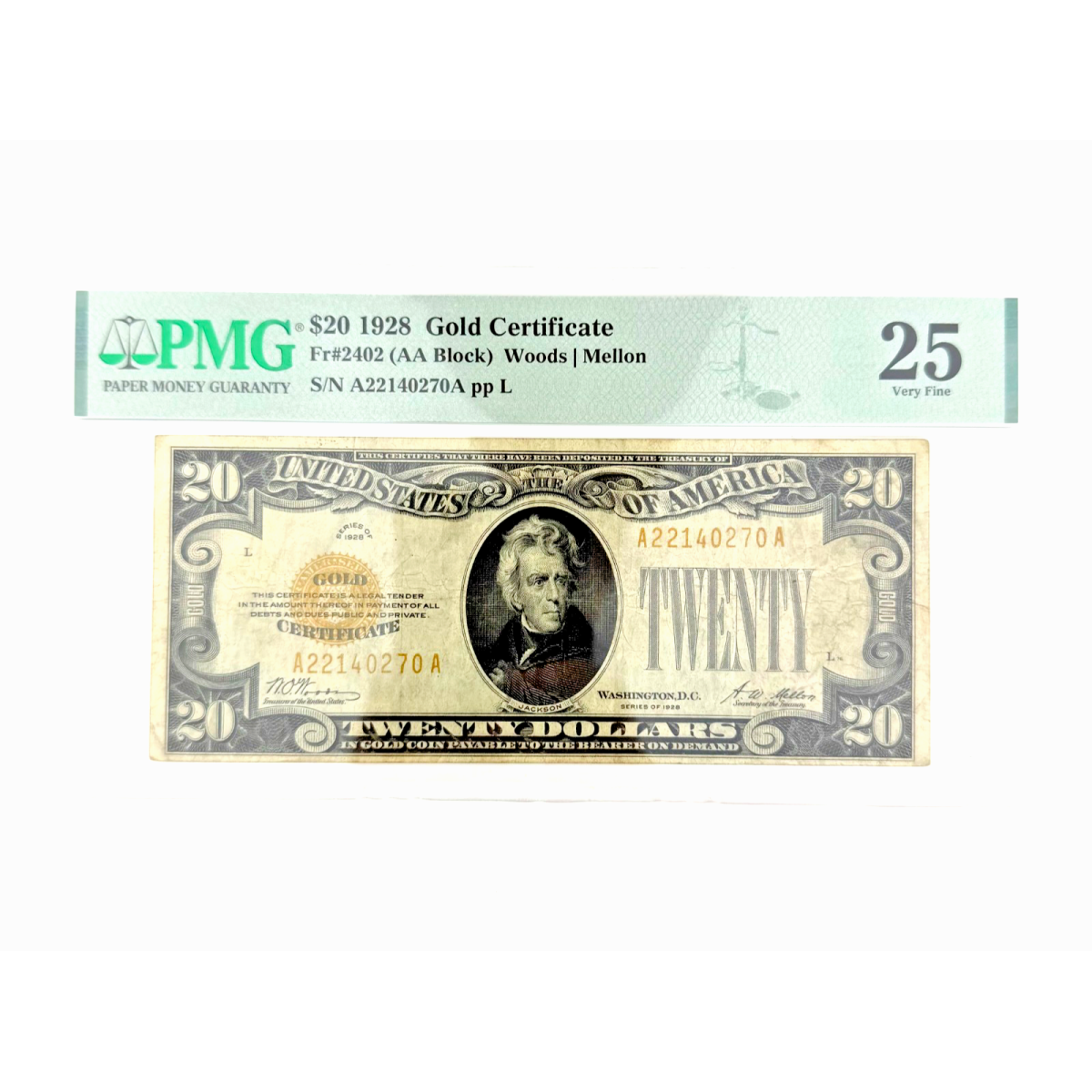 1928 $20 Gold Certificate Fr. 2402 AA Block PMG 25 VF Woods/Mellon A22140270A