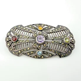 Art Deco Sterling Silver Multicolor Tourmaline Marcasite Brooch with Amethyst