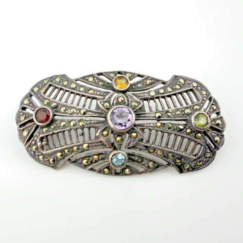 Art Deco Sterling Silver Multicolor Tourmaline Marcasite Brooch with Amethyst