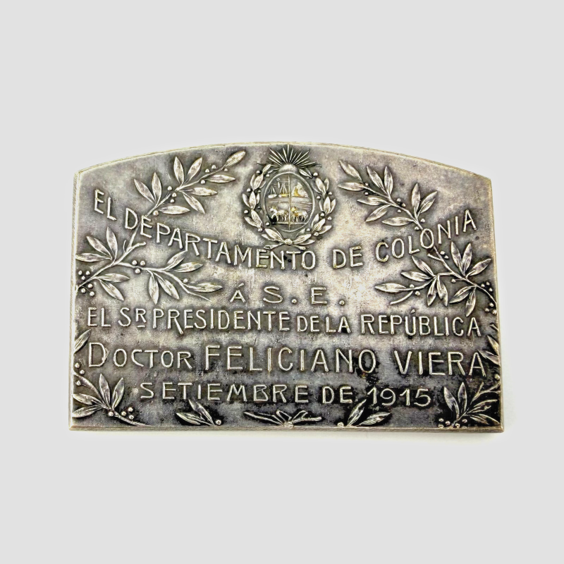 Uruguay 1915 Art Nouveau seated lady, torch, citizen behind, port, beauty medal