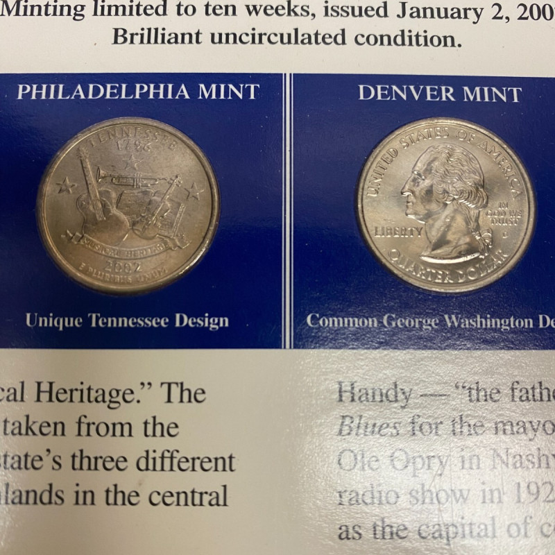 2002 Postal Commemorative Society Statehood Quarter/stamps Tennessee P & D