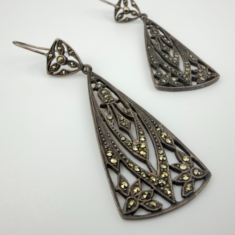 Vintage Sterling Silver 925 Tear Drop Marcasite Earrings 72 mm