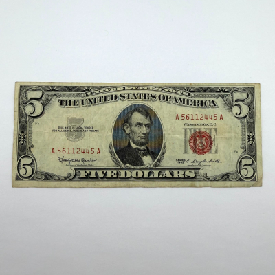 1963 Series $5 Red Seal United States Note, Serial A56112445A, Boston District A 1963 Series $5 Red Seal United States Note, Serial A56112445A, Boston District A