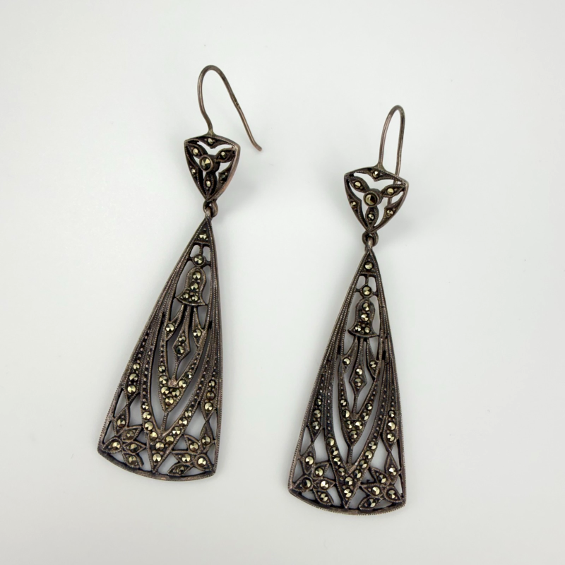 Vintage Sterling Silver 925 Tear Drop Marcasite Earrings 72 mm
