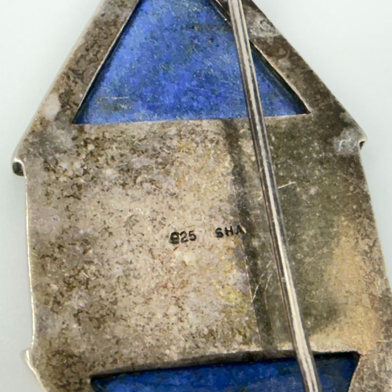 Vintage Signed SHA Sterling Silver Mexico Lapis Lazuli Marcasites Brooch