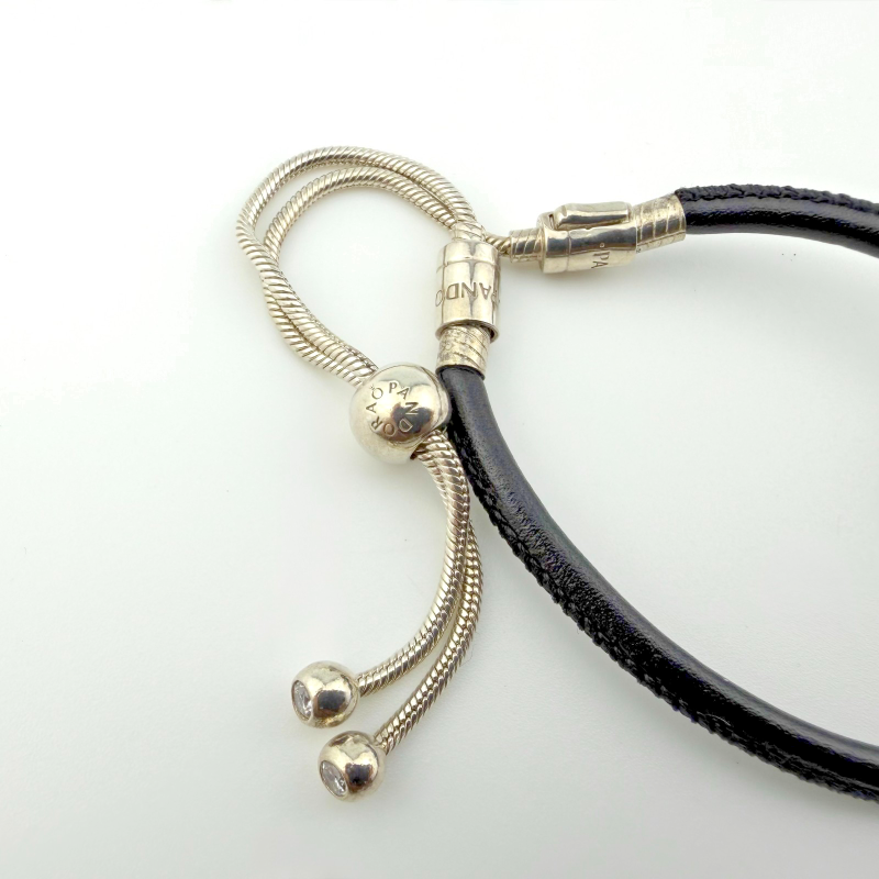 Authentic Pandora Black Leather Adjustable Sliding Bracelet with Sterling Silver