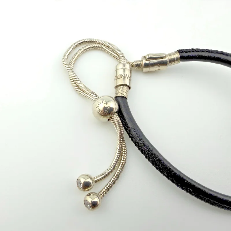 Authentic Pandora Black Leather Adjustable Sliding Bracelet with Sterling Silver