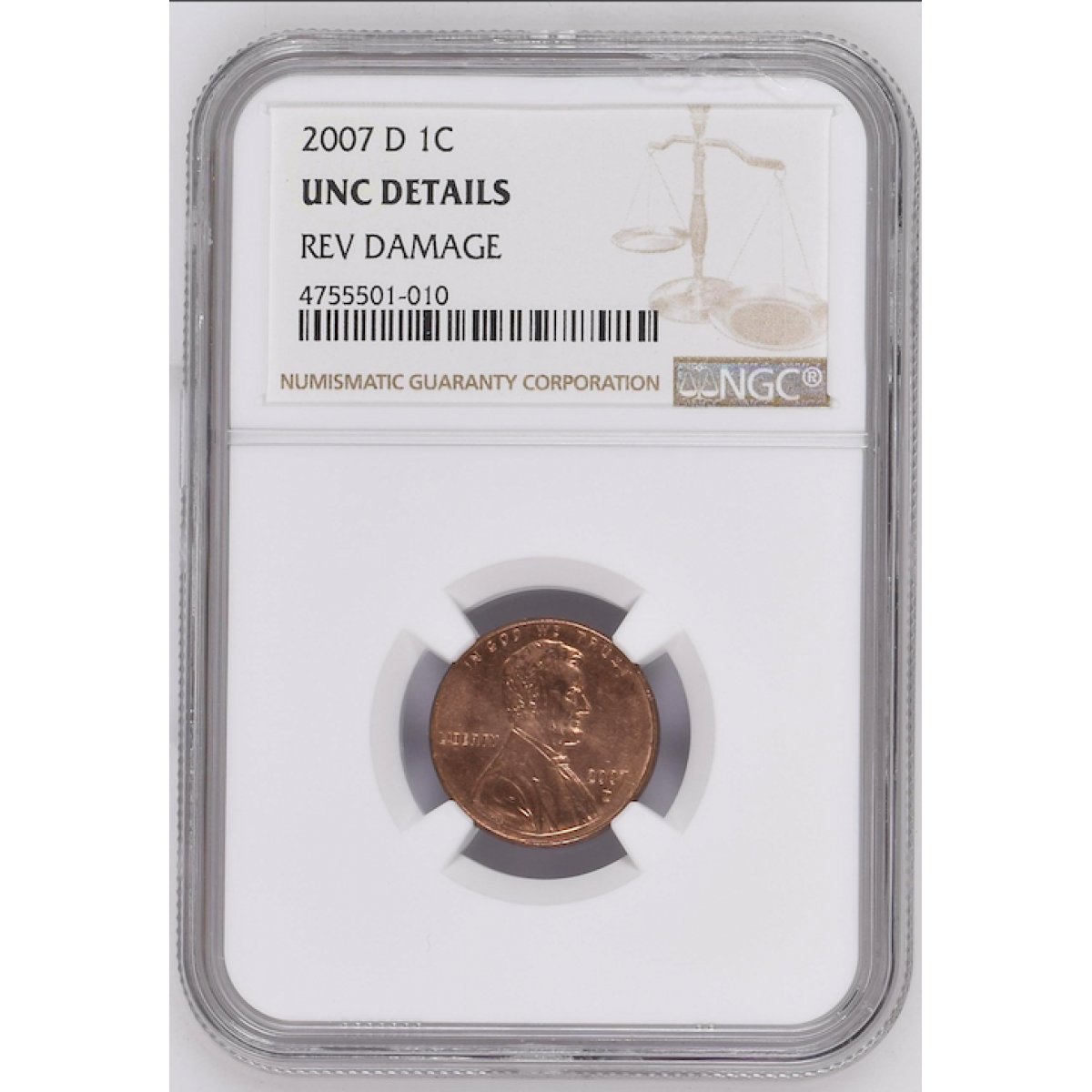 2007 LINCOLN MEMORIAL D 1C NGC UNC DETAILS REV DAMAGE