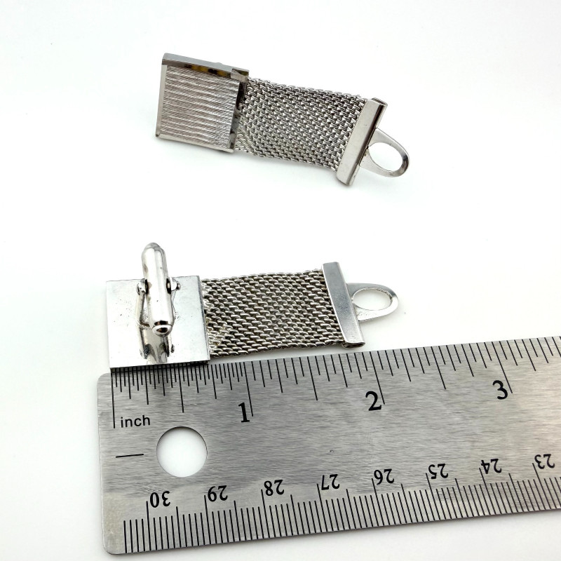Vintage Square Cuff Links Textured Silver Tone Mesh Wrap Setting Cufflinks