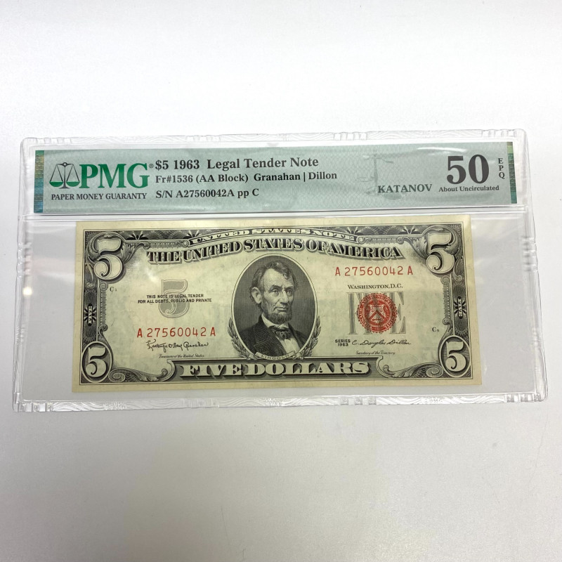 Fr 1536 (AA Block) 1963 Legal Tender $5 Note Red Seal - PMG 50 EPQ Fr 1536 (AA Block) 1963 Legal Tender $5 Note Red Seal - PMG 50 EPQ