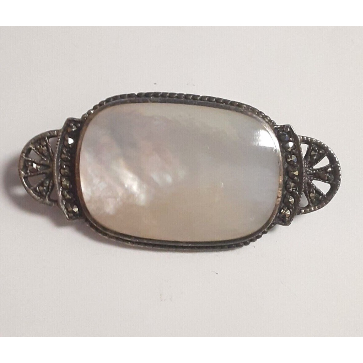 Sterling Silver Marcasite Pearl Gemstone Brooch  Woman's Pin 