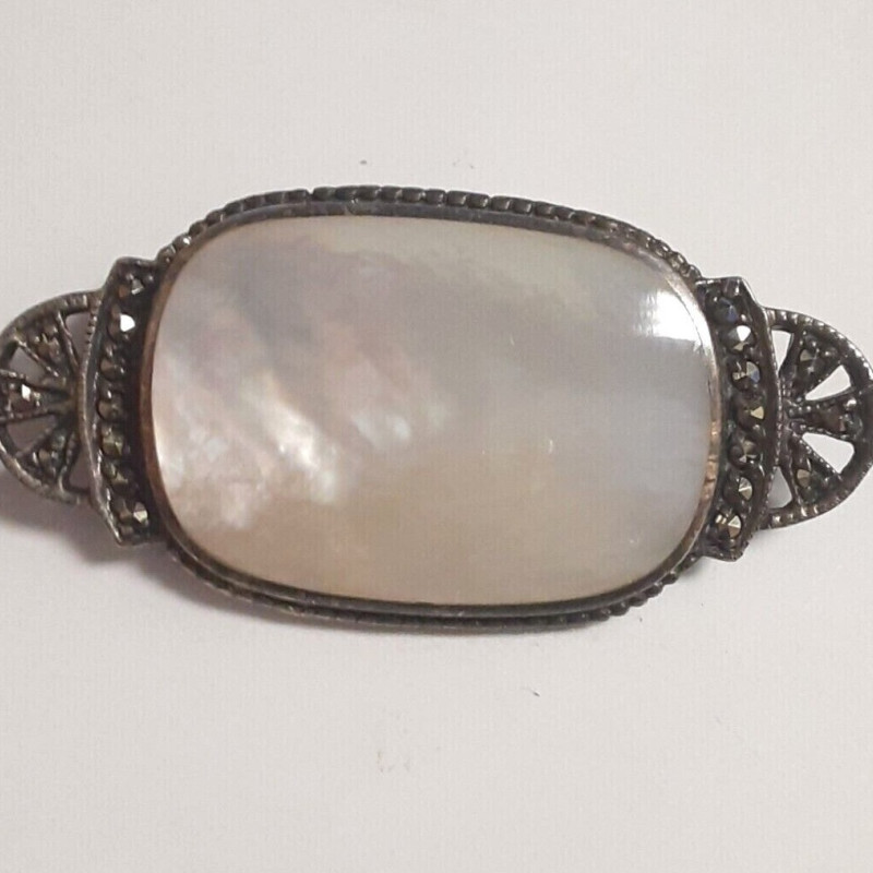 Sterling Silver Marcasite Pearl Gemstone Brooch  Woman's Pin 