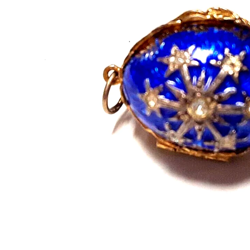 Small Antique Sterling Silver Enamel Egg Pendant (BLUE WITH STARS )