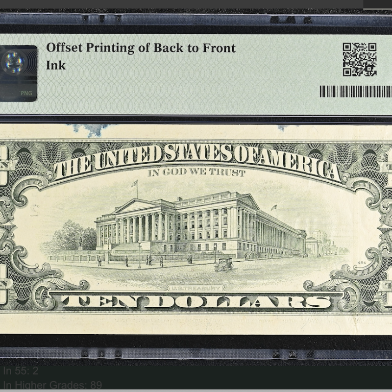 1990 $10 FRN New York Offset Printing Error Back to Front PMG 55 B2773 1911C