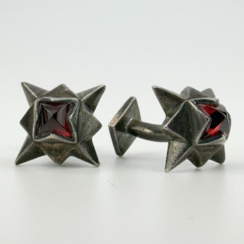 Mid Century Signed Hand Crafted Silver And Garnet Cufflinks